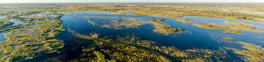 Aerial view of the Okavango Channel on a Botswana fly-in safari