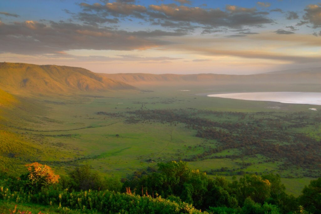 Scenic view of the Ngorongoro Crater during sunset in Tanzania